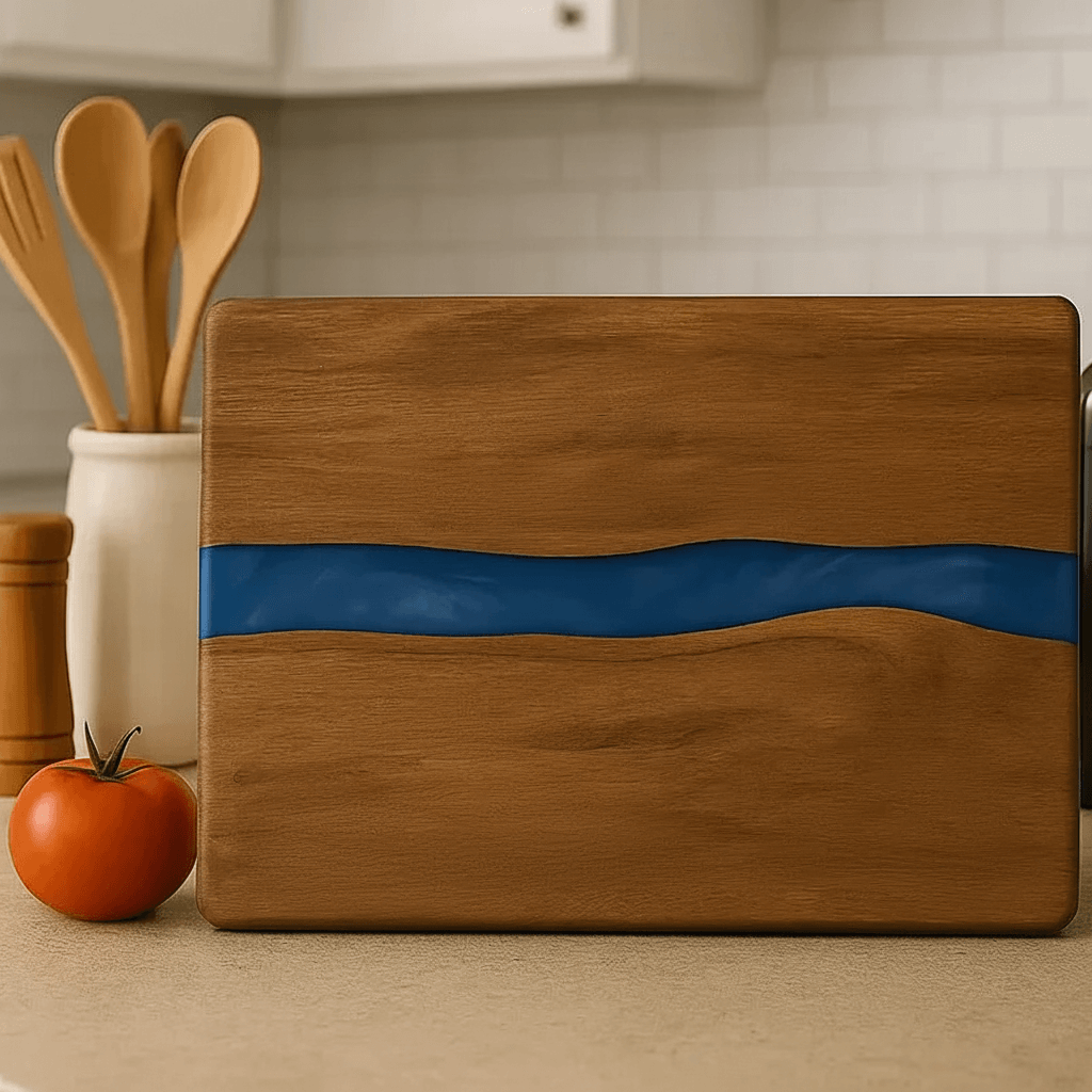 acacia wood serving board with blue resin inlay | Hadi Craft USA