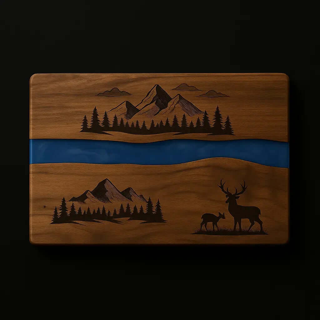 acacia wood serving board with blue resin inlay | Hadi Craft USA
