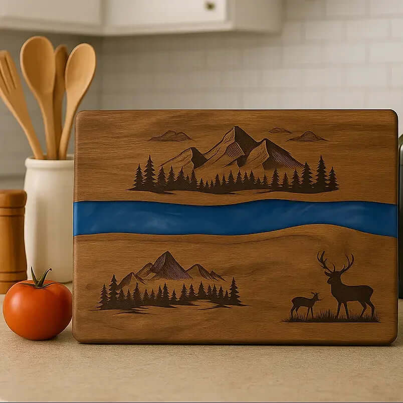 acacia wood serving board with blue resin inlay | Hadi Craft USA