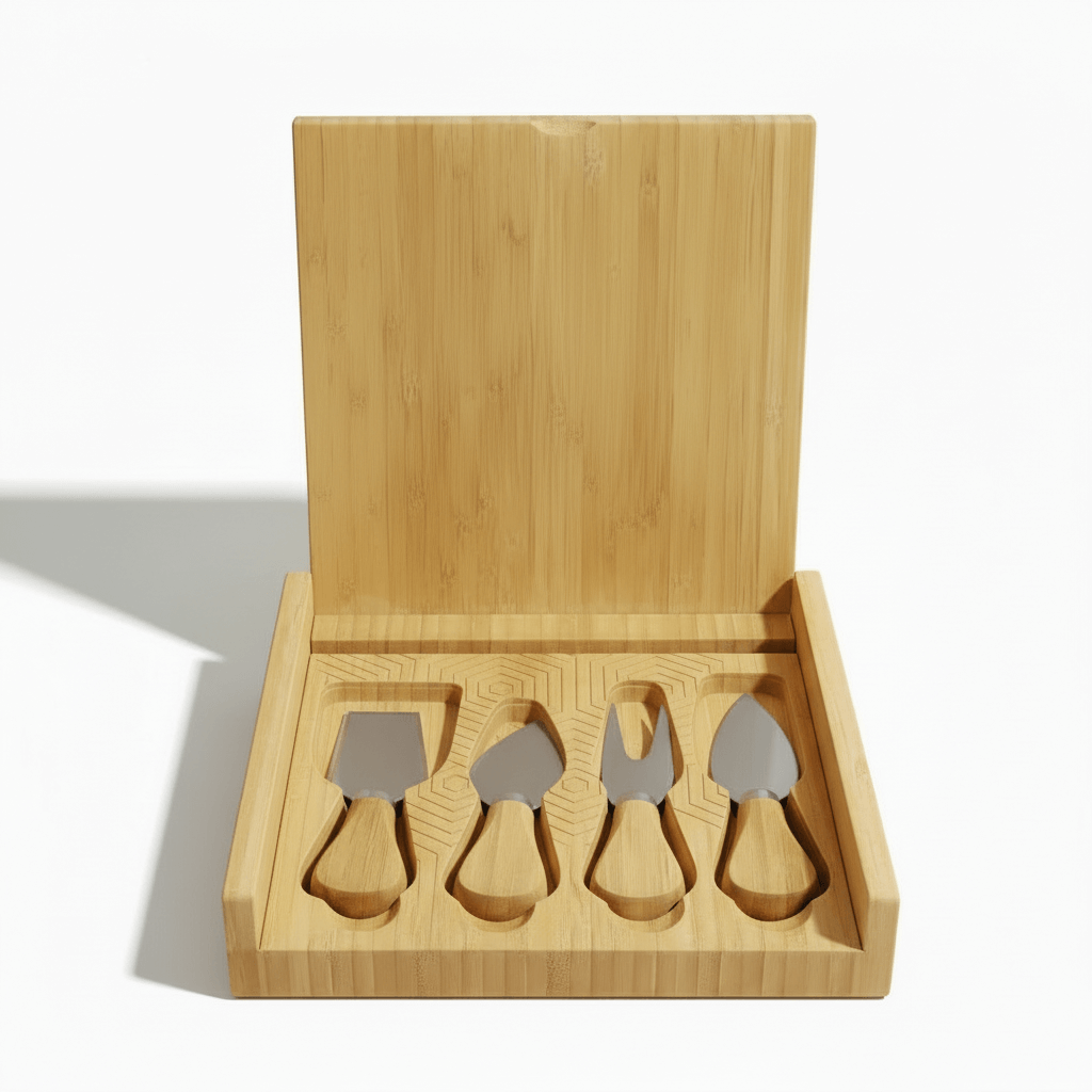 8" x 8" Bamboo Cheese Board Set with 4 Tools & Custom Personalized Engraving by Hadi Craft USA, wooden cutting board, engraved personalized
