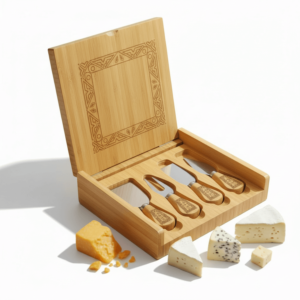 Hadi Craft USA 8" x 8" Bamboo Cheese Board Set with 4 Tools & Custom Personalized Engraving, engraved wooden cutting board, personalized cheese set