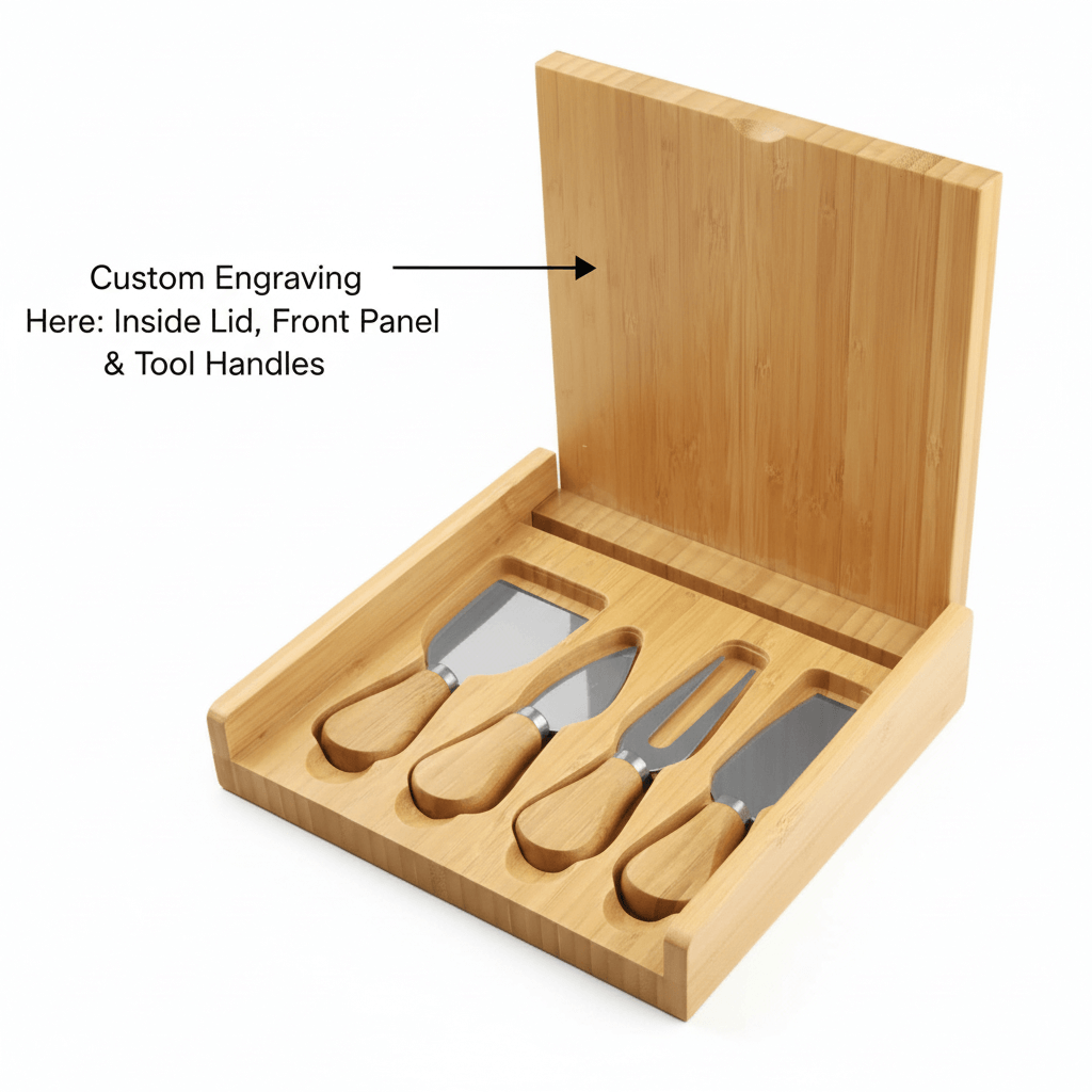 Hadi Craft USA 8" x 8" Bamboo Cheese Board Set with 4 Tools & Custom Personalized Engraving, engraved wooden cutting board, personalized
