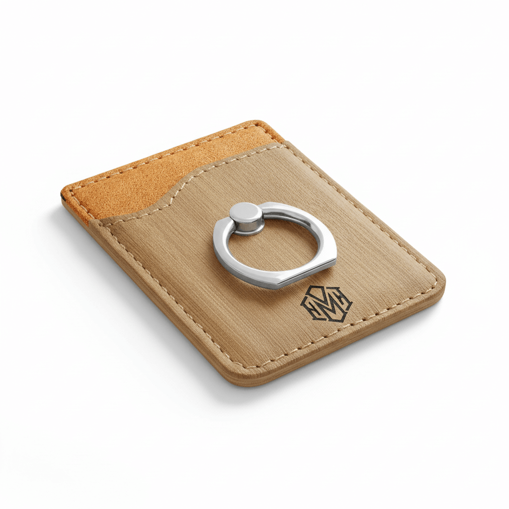 Alt Tag: Hadi Craft USA Bamboo Laserable Leatherette Phone Wallet with Silver Ring – Personalized Engraving, tan leather wallet, engraved, handmade