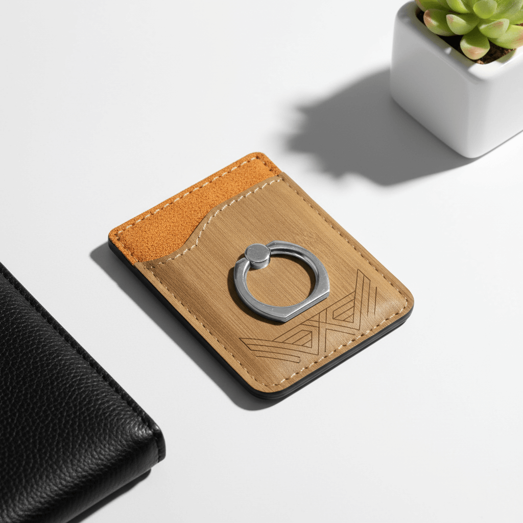 Alt Tag: Hadi Craft USA Bamboo Laserable Leatherette Phone Wallet with Silver Ring – Personalized Engraving, leather wallet, engraved, handmade