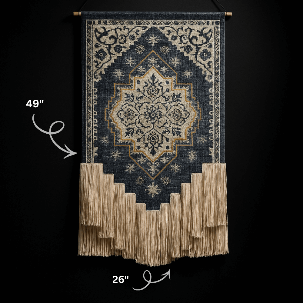 Blue and White Floral Macrame Wall Tapestry Hand-Knot Cotton Flower Pattern Art