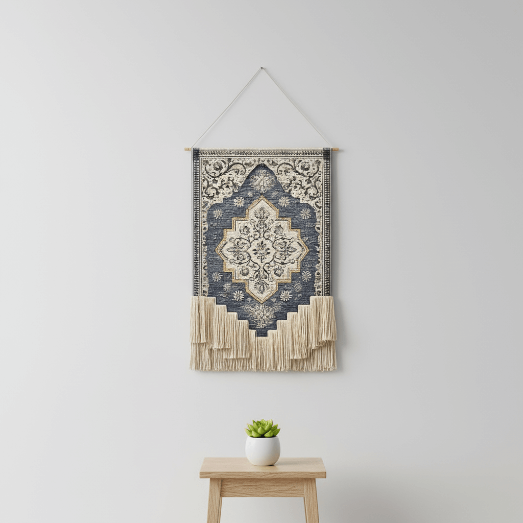 Blue and White Floral Macrame Wall Tapestry Hand-Knot Cotton Flower Pattern Art