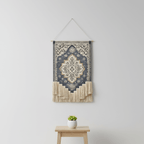 Blue and White Floral Macrame Wall Tapestry Hand-Knot Cotton Flower Pattern Art