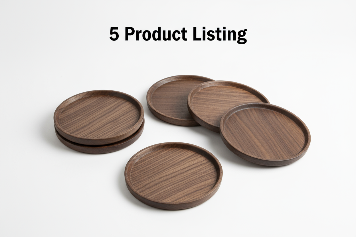 Create 5 different product coaster and Cutting board and bracelet necklace and writ on image (5 Product Listing ) 