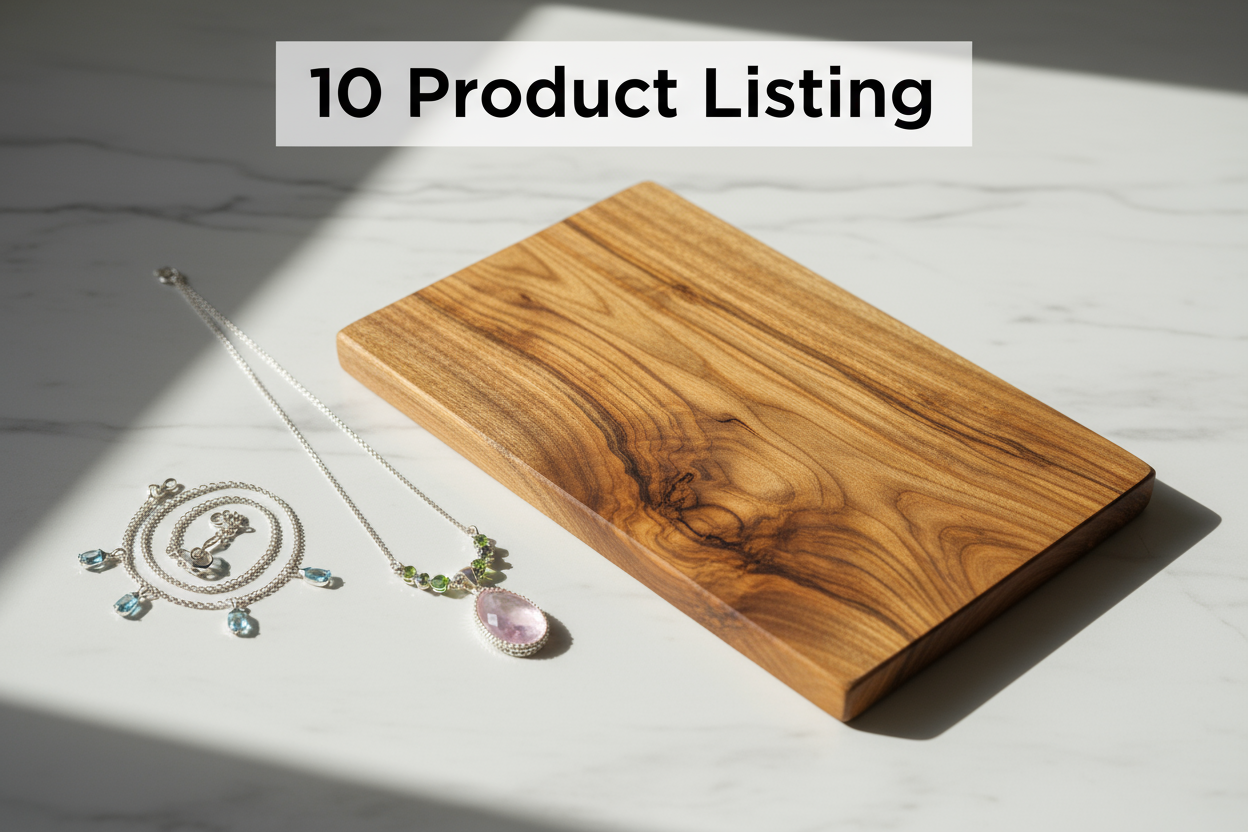 Create 5 different product Cutting board and bracelet necklace and writ on image (10 Product Listing ) 