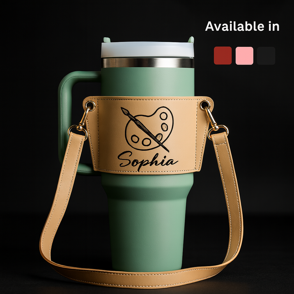 Personalized Leather Carrier for 40oz Stanley Tumbler with Adjustable Strap