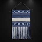 Denim Blue & White Macrame Tapestry, Geometric Woven Wall Hanging,