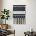 Denim Blue & White Macrame Tapestry, Geometric Woven Wall Hanging,