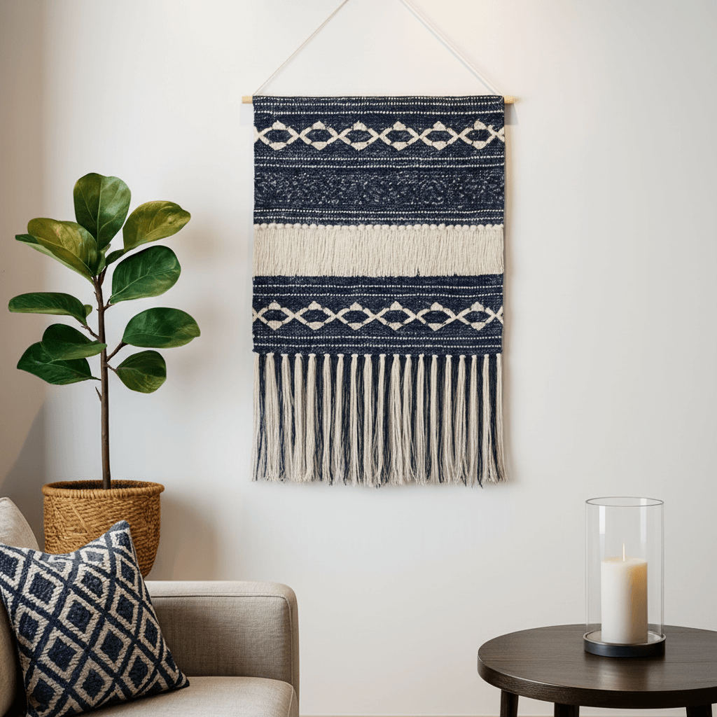 Denim Blue & White Macrame Tapestry, Geometric Woven Wall Hanging,