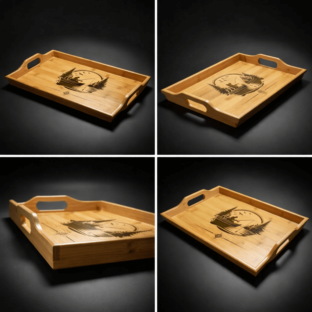 engraved bamboo serving tray lake scene | Hadi Craft USA