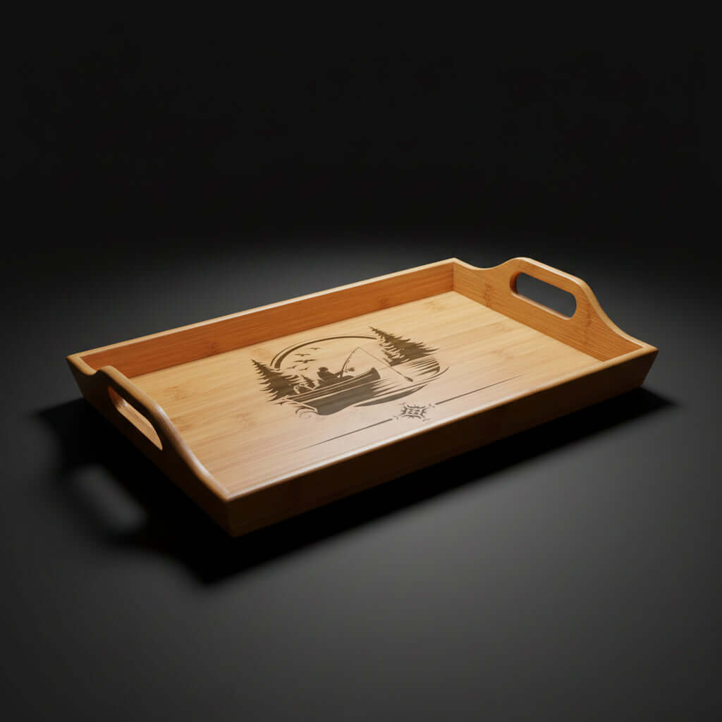 engraved bamboo serving tray lake scene | Hadi Craft USA