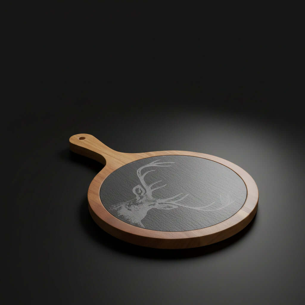 Round wooden cutting board with a deer head design on a black background - Hadi Craft USA