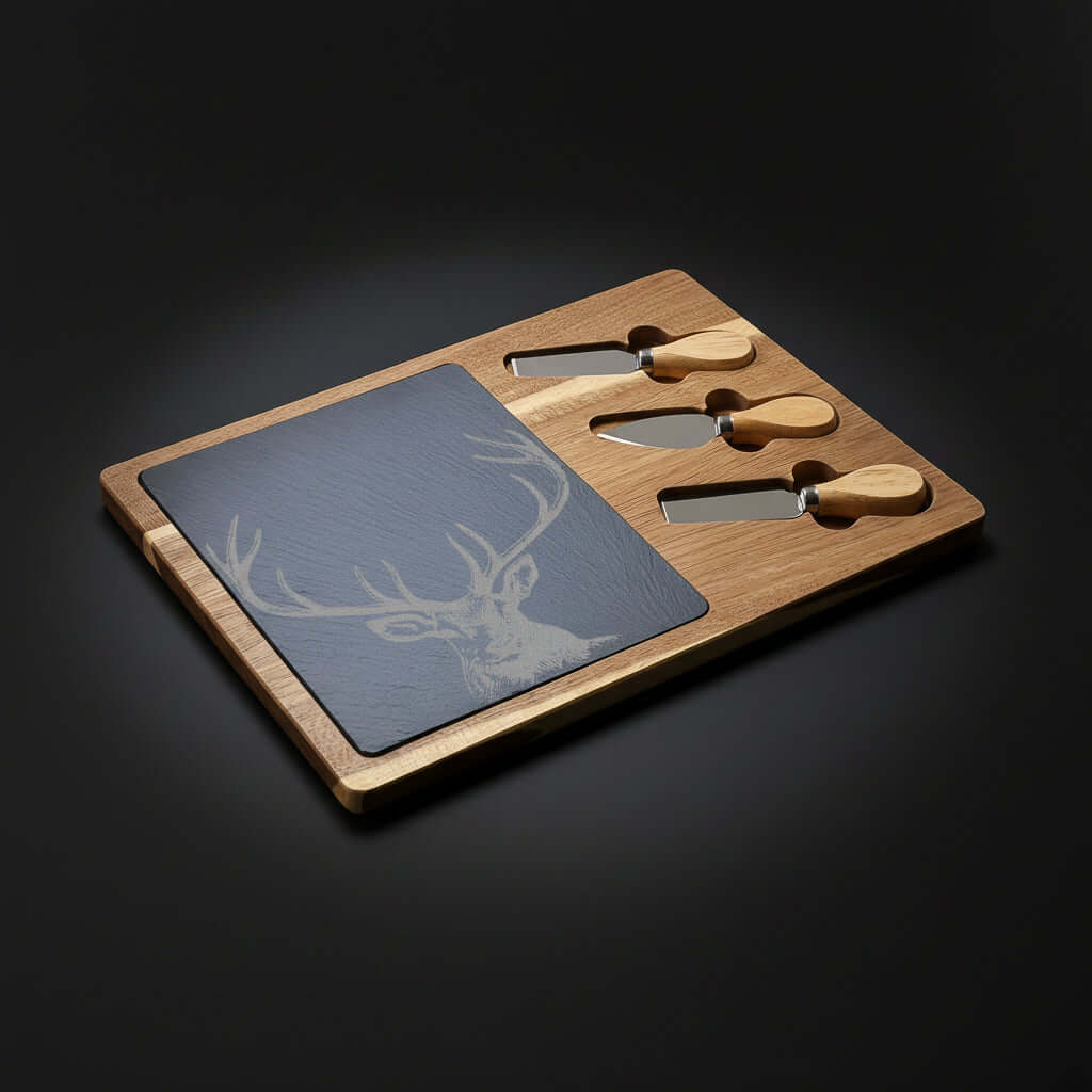 engraved deer charcuterie board acacia slate set | Hadi Craft USA