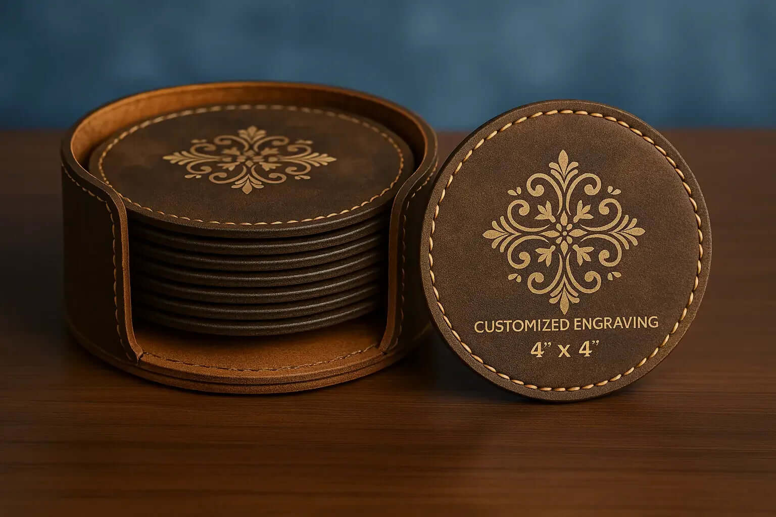 engraved leather coaster set 6-Piece | Hadi Craft USA