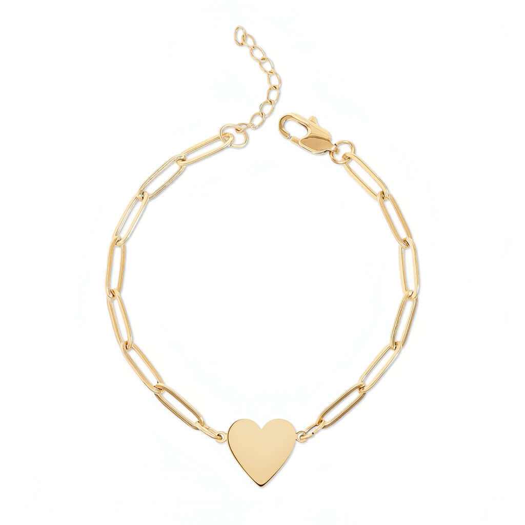 Alt Tag: Engraved paperclip heart bracelet – Engraved Heart Charm Chain in gold stainless steel by Hadi Craft USA, personalized engraved bracelet