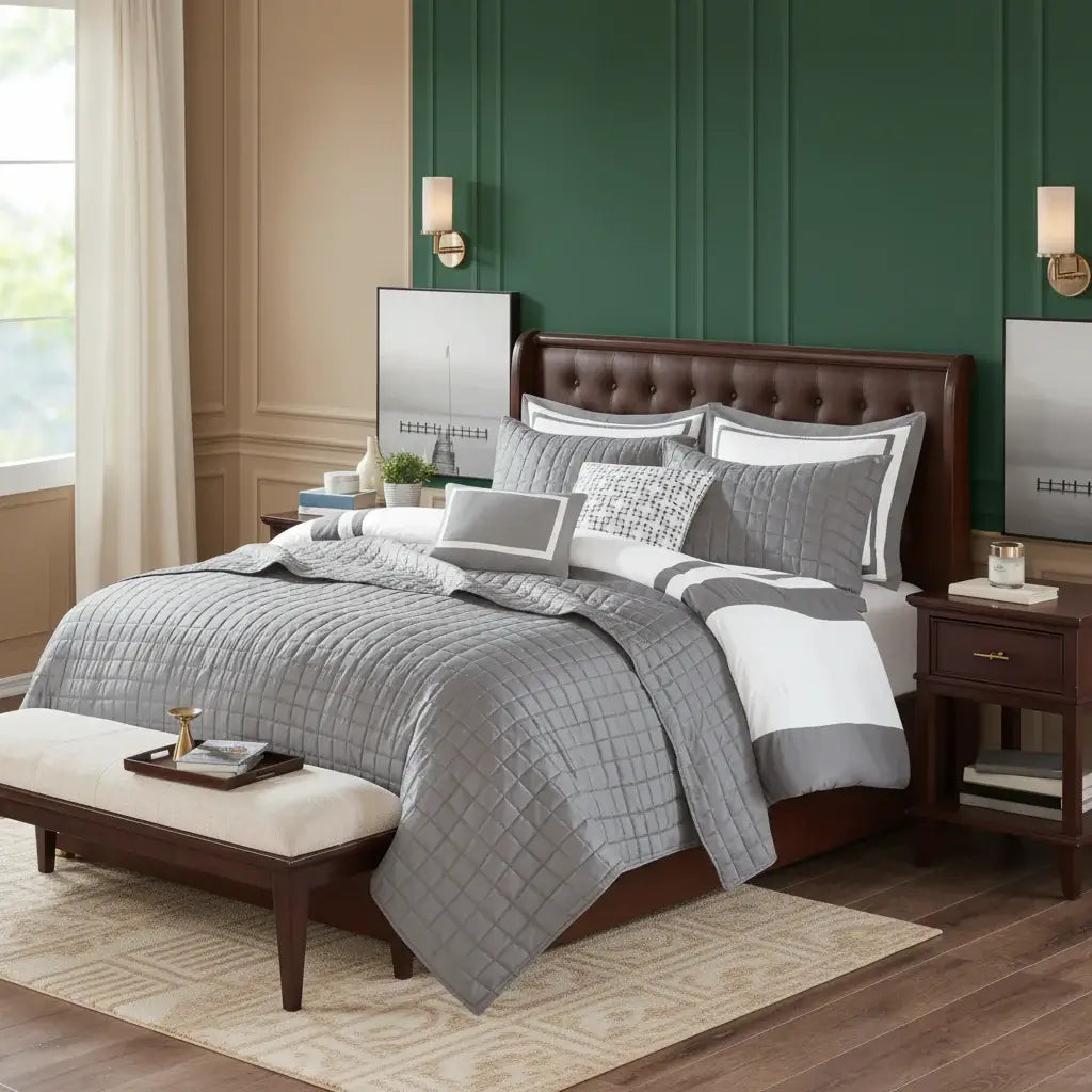 grey full queen comforter and quilt set 8pc | Hadi Craft USA