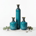 Luxury Aqua Blue Metal Floor Vase Set of 3 for Modern Home Decor