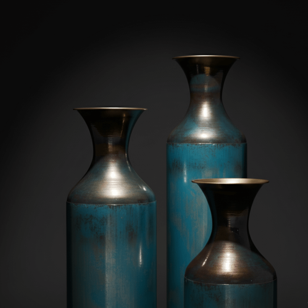 Luxury Aqua Blue Metal Floor Vase Set of 3 for Modern Home Decor