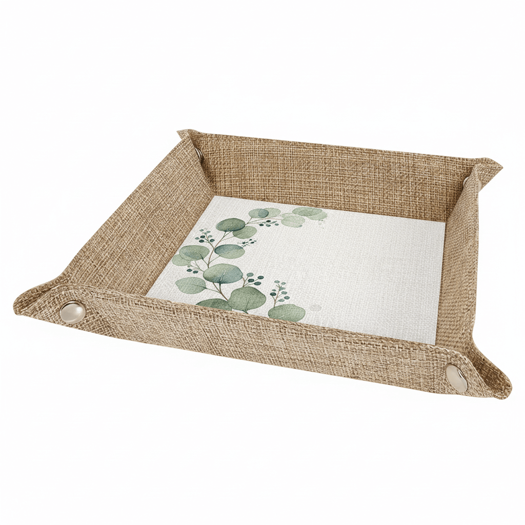 Alt Tag: Sublimatable Burlap Snap-Up Tray with Silver Snaps – Custom Full Color Printing by Hadi Craft USA, rustic burlap tray, personalized organizer