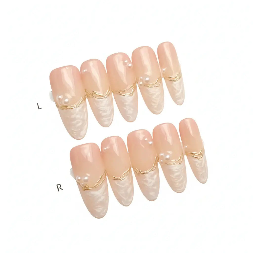 Luxury Handmade Cat-Eye Press-On Nails for Elegant Style by Hadi Craft USA, nude pearl almond handmade nails, reusable press-on set