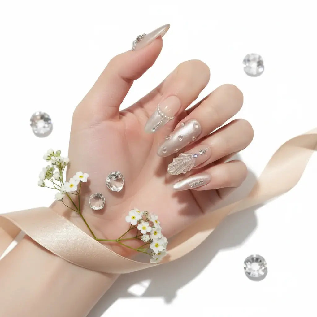 Luxury Handmade Cat-Eye Press-On Nails for Elegant Style by Hadi Craft USA, nude pearl press-on nails, handmade nail design, salon-style nails