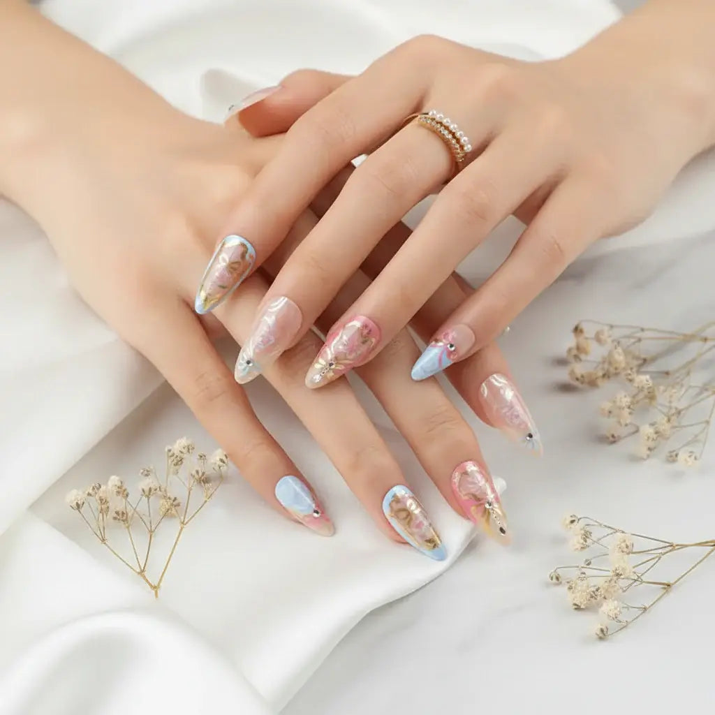 Strawberry White French Almond Press-On Nails – 24PCS by Hadi Craft USA, long almond pastel manicure, handmade nail art set
