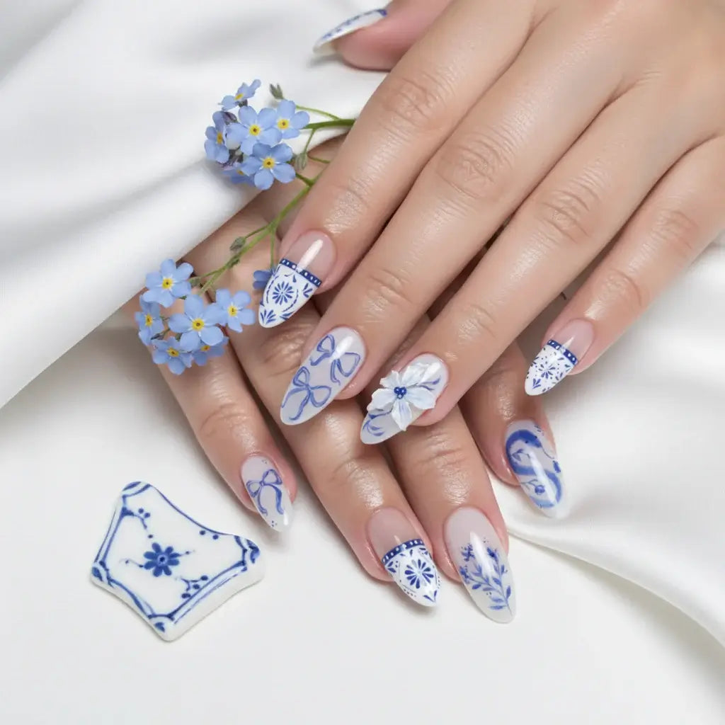 Alt Tag: Strawberry White French Almond Press-On Nails – 24PCS by Hadi Craft USA, ABS press-on nails, blue floral French style, handmade-look nail art