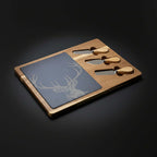 Wooden cutting board with slate surface and four knives on a Black background - Hadi Craft USA