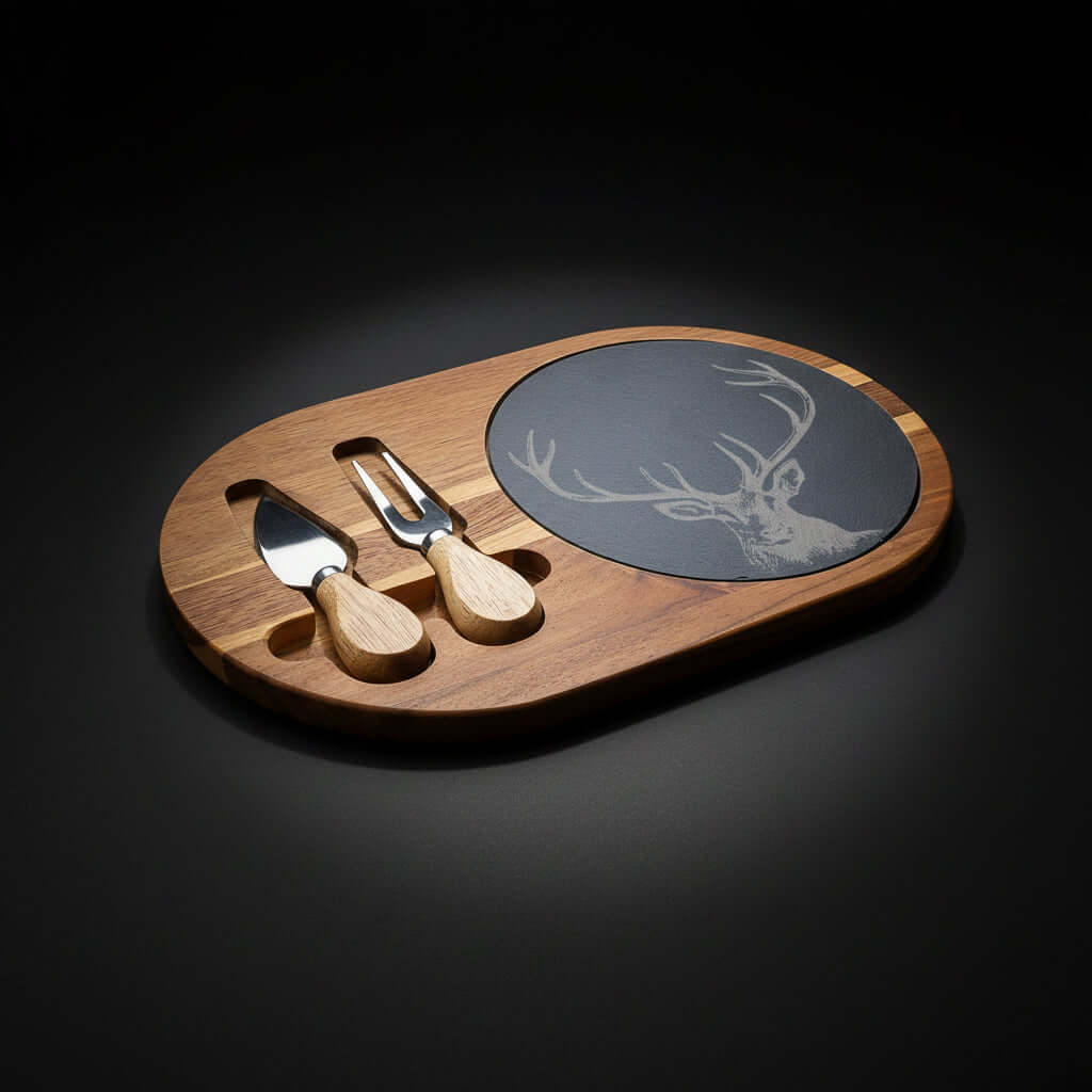 Engraved Deer Charcuterie Board with Slate – Acacia Wood Cheese Board with Knives | Rustic Serving Board (Multiple Styles)