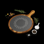 Round Acacia Wood Slate Serving Board with Personalized Engraving and Handle size 10 1/2 x 14 1/2
