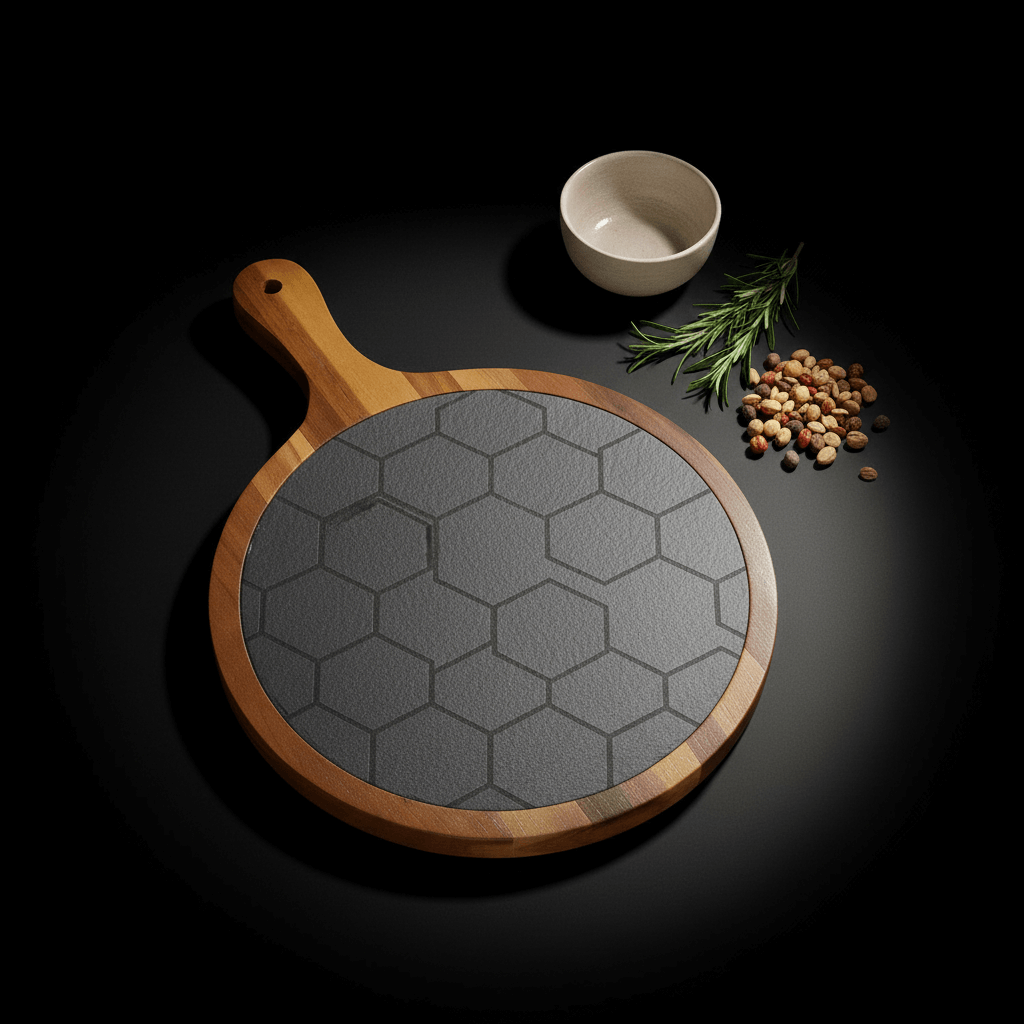 Round Acacia Wood Slate Serving Board with Personalized Engraving and Handle size 10 1/2 x 14 1/2