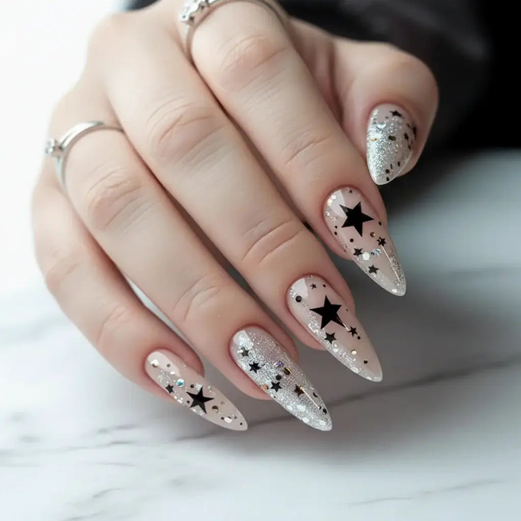 Alt Tag: Hadi Craft USA Leopard Print French Almond Press-On Nails with Bow & Pearl, silver glitter star press-on nails, handmade nail art, DIY nails