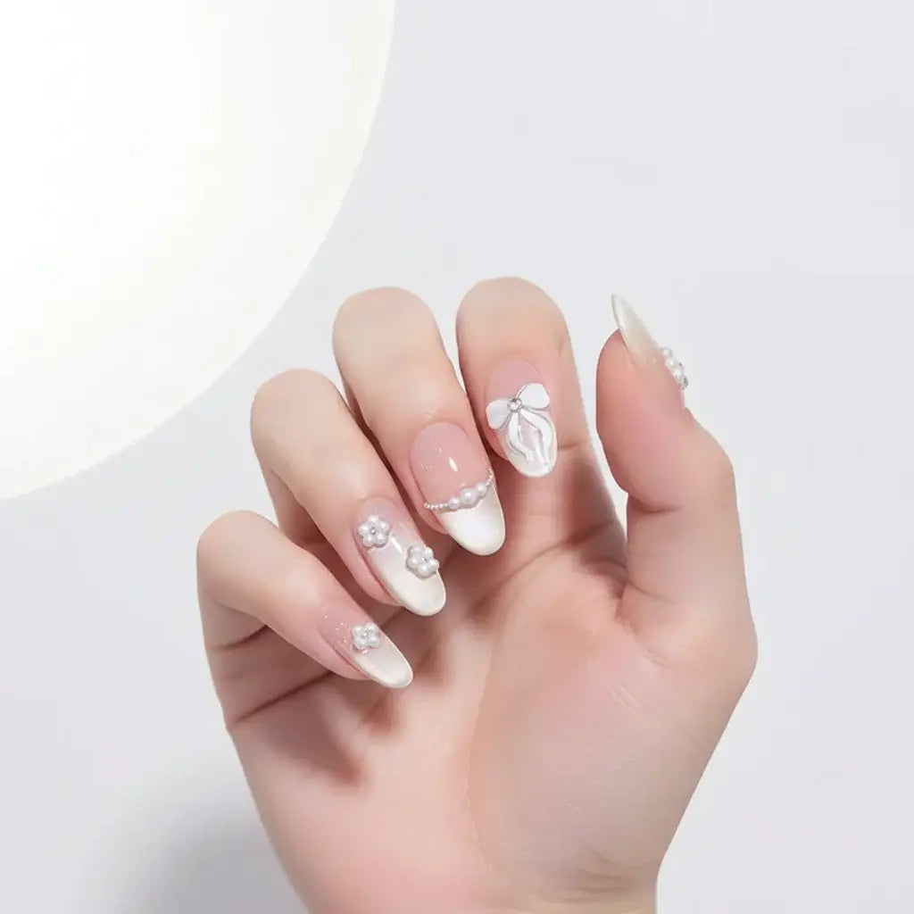 Hadi Craft USA Handmade Almond Press-On Nails with Butterfly, Pearl & Diamond – 24PCS, white French tips, handmade press-on nails