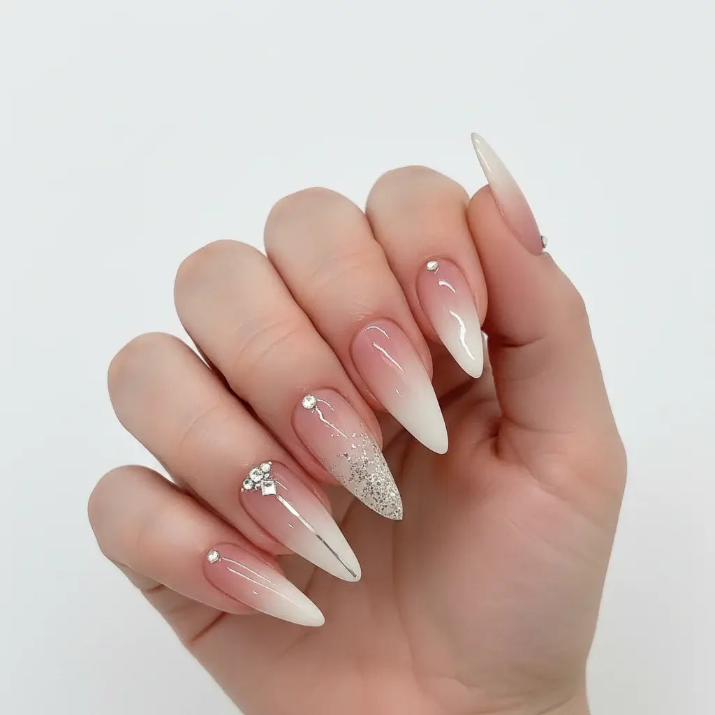 Hadi Craft USA Handmade Almond Press-On Nails with Butterfly, Pearl & Diamond – 24PCS, nude French tips, ABS, handmade nails