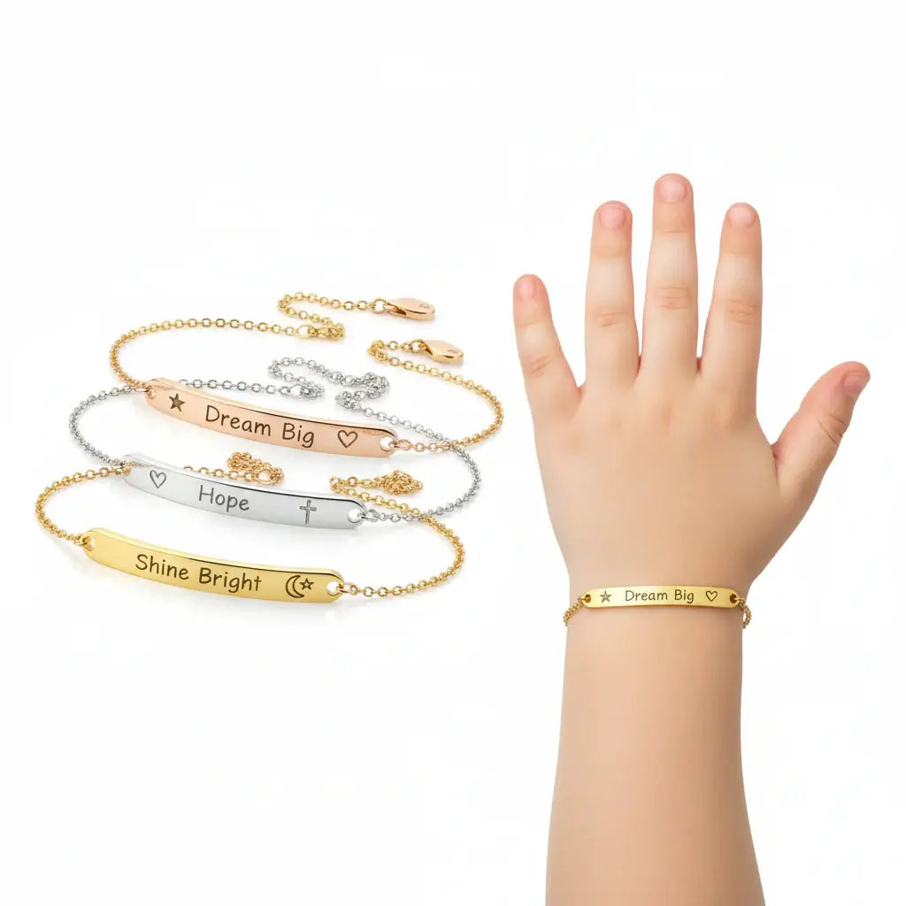 Alt Tag: Hadi Craft USA Custom baby name bracelet Baby Jewelry Charm Child ID Stainless Steel, gold engraved bracelet, personalized kids jewelry