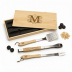 Hadi Craft USA 3-Piece BBQ Tool Set in Wooden Pine Box with Custom Personalized Engraving, engraved wooden handles, personalized grilling tools