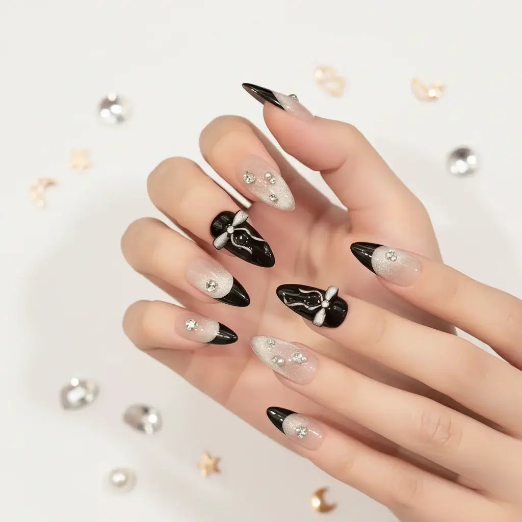 Pink Purple Cat's Eye Press On Nails, Handmade False Nail Bows Rhinestone Decor Sweet Cool Fake Nail