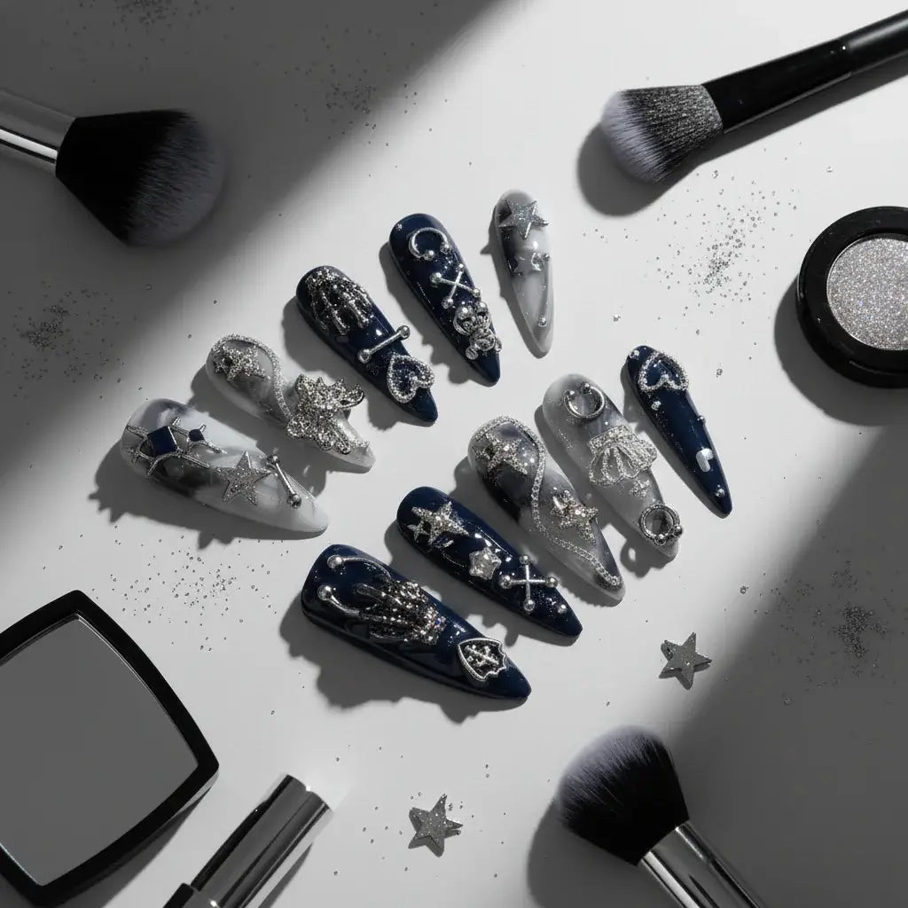 Girls Handmade Press On Nails Black White Rendering Long Tip Nail Art