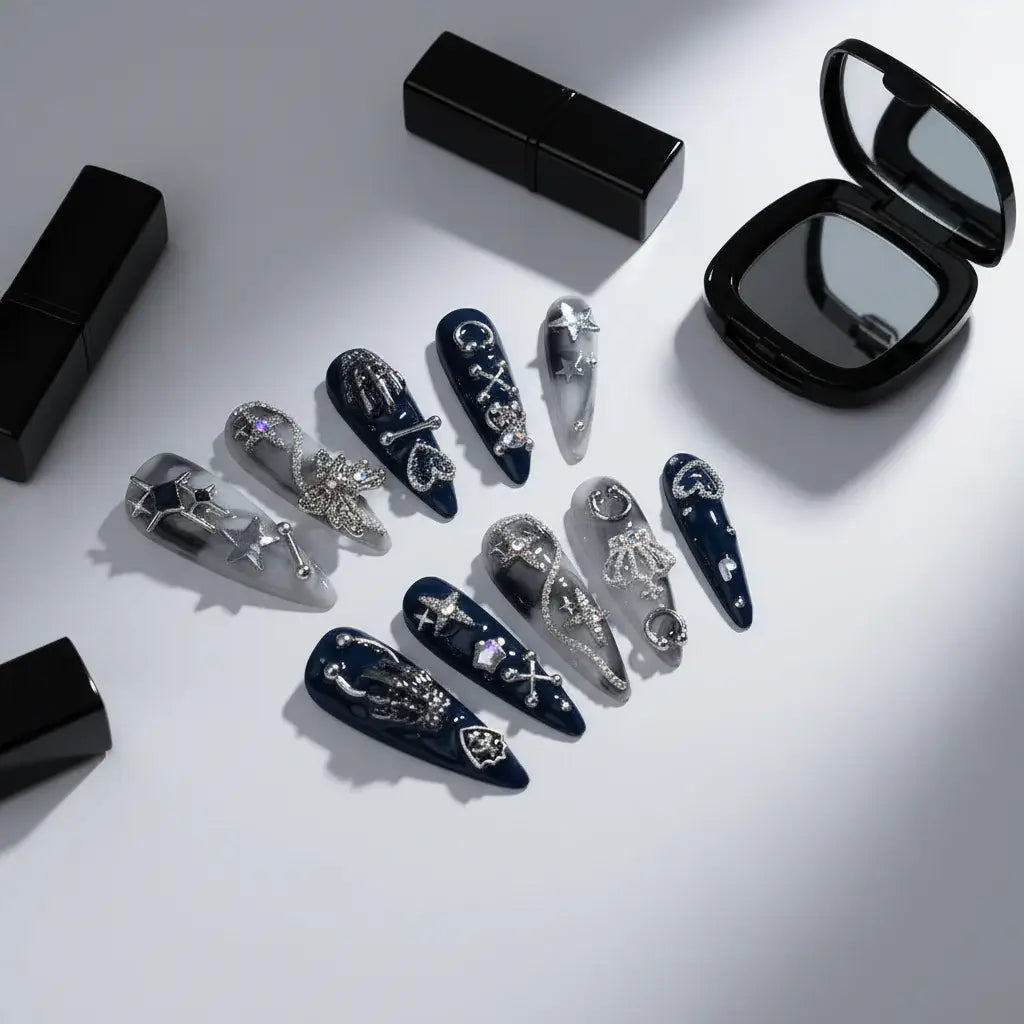 Girls Handmade Press On Nails Black White Rendering Long Tip Nail Art