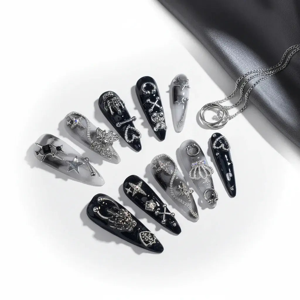 Girls Handmade Press On Nails Black White Rendering Long Tip Nail Art