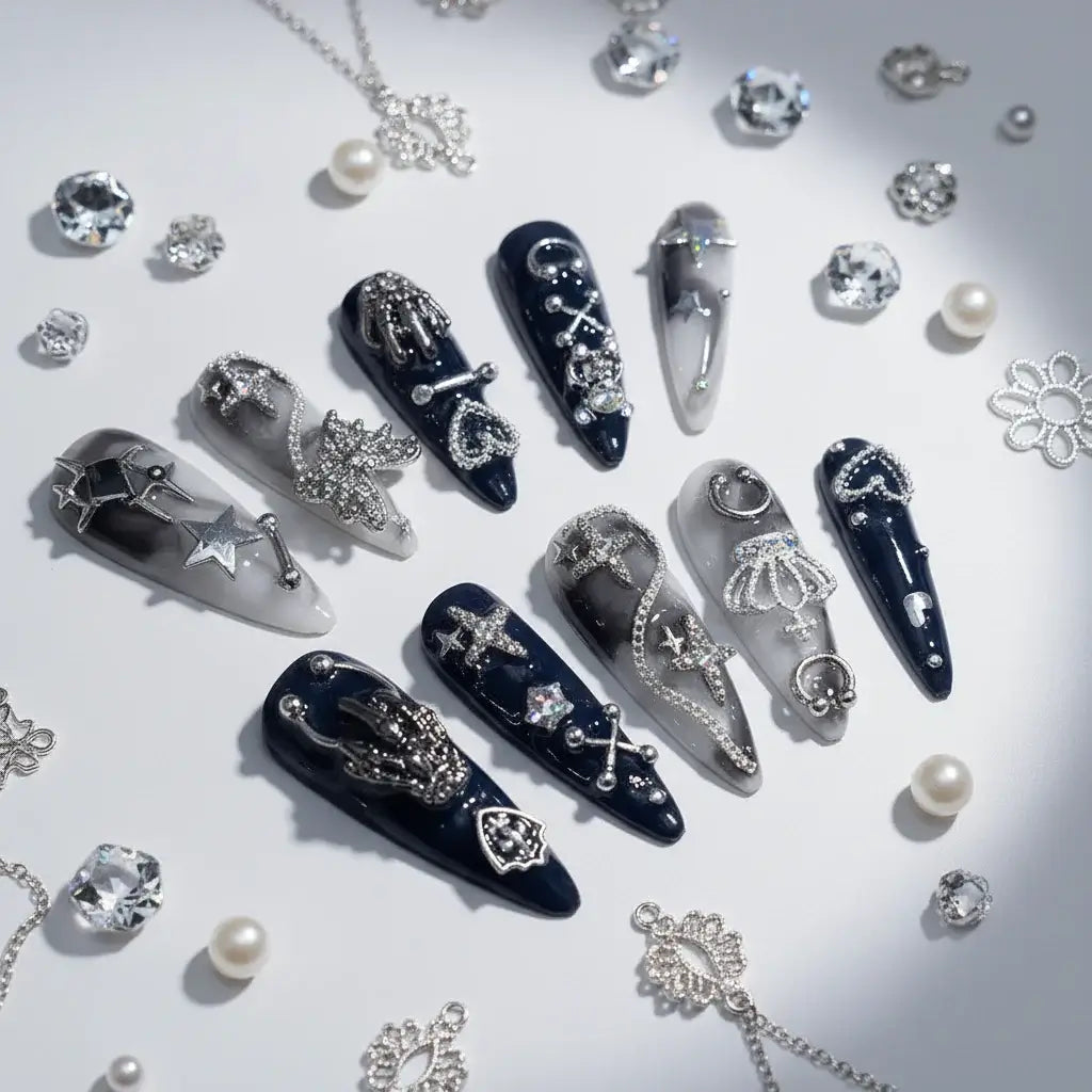 Girls Handmade Press On Nails Black White Rendering Long Tip Nail Art