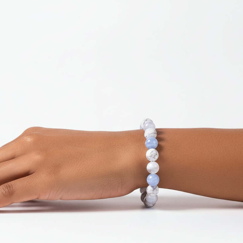 The Empath’s Trio - Daily Reset Bracelet blue lace agate and howlite beaded bracelet on wrist, handmade jewelry by Hadi Craft USA