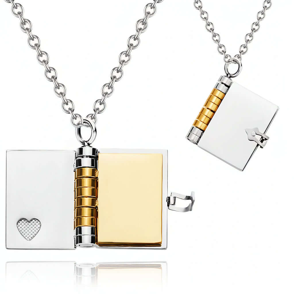 Alt Tag: Hadi Craft USA Personalized letter to my daughter necklace Book Necklace, silver book locket necklace, engraved heart pendant