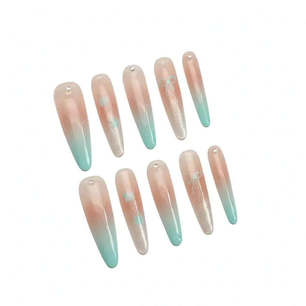 Hadi Craft USA Luxury Handmade Cat-Eye Press-On Nails for Elegant Style, ombre teal pink handmade nails, reusable press-on set