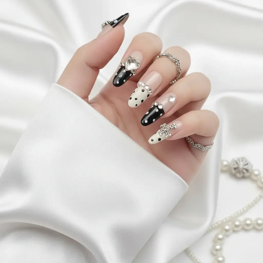 Luxury Handmade Cat-Eye Press-On Nails for Elegant Style by Hadi Craft USA, black and white handmade nail art with jeweled accents