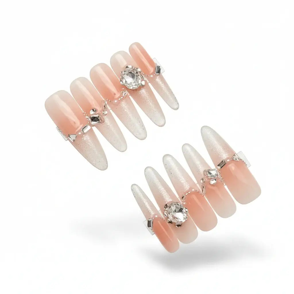 Hadi Craft USA Luxury Handmade Cat-Eye Press-On Nails for Elegant Style, nude ombre stiletto nails with rhinestones, handmade, press-on nails, elegant style